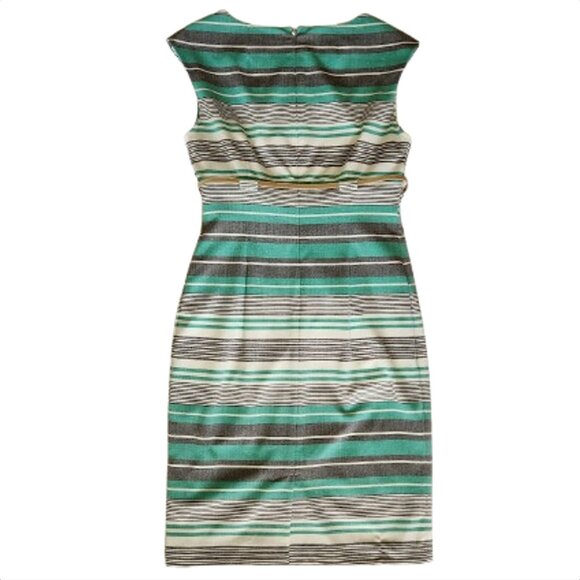 Calvin Klein Size 4 Striped Sheath Dress - Green Gray White + Gold Belt - Picture 4 of 13